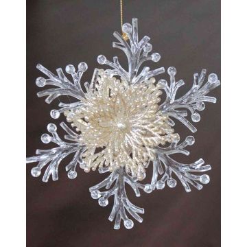 Christmas ornament snowflake BALADI, acrylic, glitter, transparent-gold, Ø6"/15cm