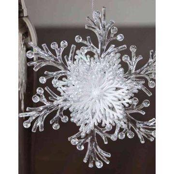 Christmas ornament snowflake BALADI, acrylic, glitter, transparent-silver-white, Ø6"/15cm