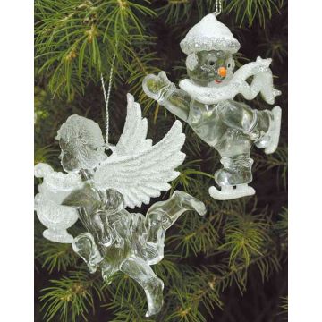 Christmas angel for hanging LINDY, 2 pieces, harp, lyre, glitter, silver-white, 3.5"x4"/9x10cm