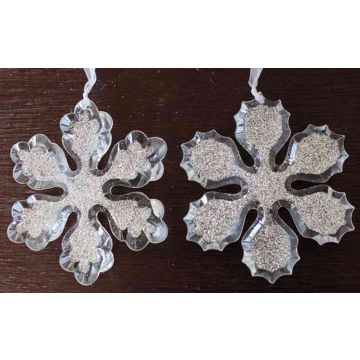 Acrylic decorative snowflake for hanging, YLVALIE, 2 pieces, glitter, transparent-silver, Ø4"/10cm