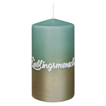 Pillar candle JARDENA with writing, favourite person in German, reseda-gold, 5.1"/13cm, Ø2.8"/7cm, 52h