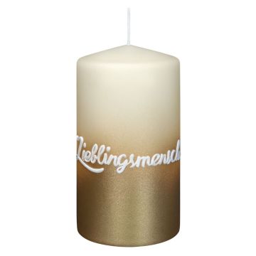 Pillar candle JARDENA with writing, favourite person in German, bisquit-gold, 5.1"/13cm, Ø2.8"/7cm, 52h