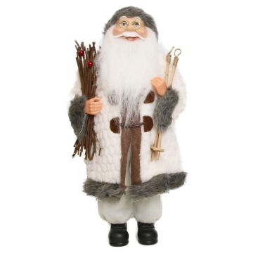 Father Christmas figurine JARICK, bundle of brushwood, ski sticks, white-grey, 22x14x45cm