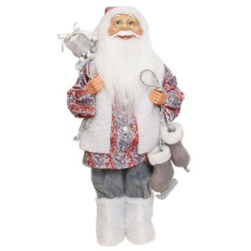 Father Christmas figurine ABENZIO, ice skates, gift bag, white-grey-red, 22x14x45cm