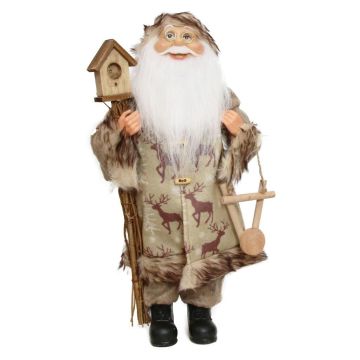 Father Christmas figurine BALDUIN, bundle of brushwood, birdhouse, hanging wooden decoration, beige-green, 25x14x45cm