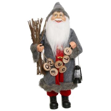 Father Christmas figurine ULRICH, bundle of brushwood, lantern, chain avec the inscription "welcome", grey-red, 22x14x45cm