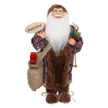 Father Christmas figurine BENTJE, gift bag, ski sticks, brown-red, 23x14x45cm