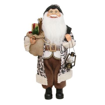 Father Christmas figurine ARNDOR, gift bag, lantern, beige-brown, 23x14x45cm