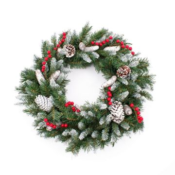 Fir wreath MARLIES with cones and berries, snow-covered, Ø22"/55cm, hardly inflammable, weather-resistant