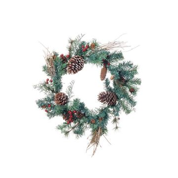 Artificial wreath of pine and cedar MIRANDA, berries, cones, snow-covered, green-red, Ø 18"/45cm