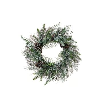 Artificial wreath of pine, eucayptus and fern TRISS with cones, frosted, green-white, Ø 24"/60cm