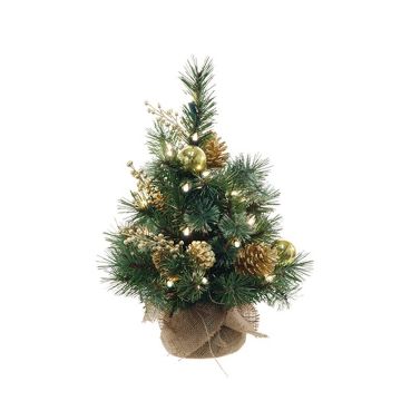 Artificial Christmas tree CEDO, jute bag, cones, berries, LEDs, green-gold, 18"/45cm