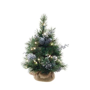 Artificial Christmas tree CEDO, jute bag, cones, berries, LEDs, green-silver, 18"/45cm