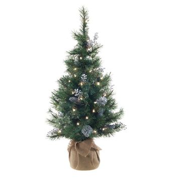 Artificial Christmas tree CEDO, jute bag, cones, berries, LEDs, green-silver, 3ft/90cm