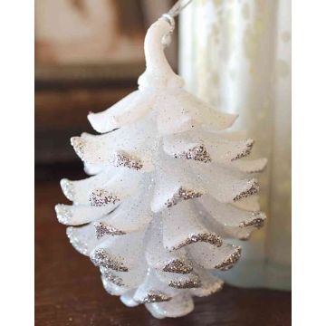 Tree ornament fir cone for hanging CATHARINA, acrylic, glitter, white-silver, 3.5"/9cm, Ø2.8"/7cm