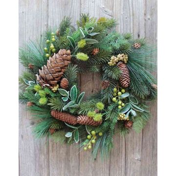 Plastic fir wreath DERRIK with berries, cones, green, Ø16"/40cm