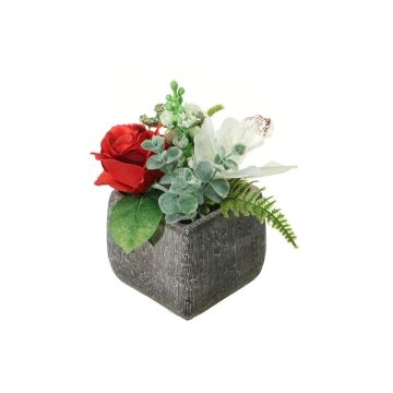 Artificial flower arrangement of cymbidium orchid, rose and phlox KOVU, decorative pot, red-white, 8"/20cm, Ø 7.1"/18cm