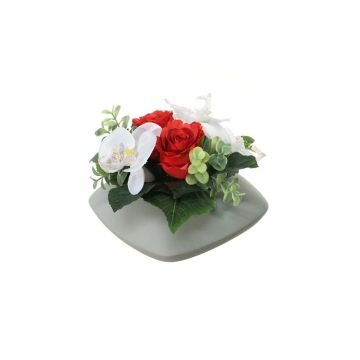 Artificial flower arrangement of Phalaenopsis orchid and rose DITTE, decorative pot, red-white, 4.7"/12cm, Ø 8"/21cm