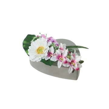 Artificial flower arrangement of gerbera, orchid, rose and lily ERENE, decorative pot, white-purple-fuchsia, 4.7"/12cm, Ø 10"/25cm