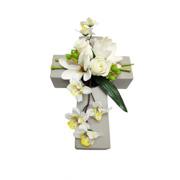 Artificial flower arrangement of magnolia, orchid and rose OVANA, planting cross, white, 11"x7"x4"/28x18x10cm