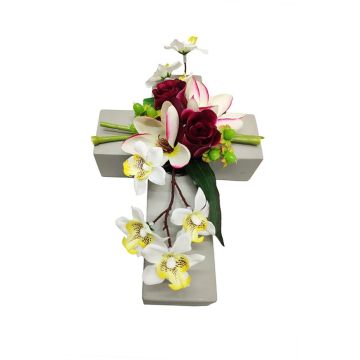 Artificial flower arrangement of magnolia, orchid and rose OVANA, planting cross, white-fuchsia, 11"x7"x4"/28x18x10cm