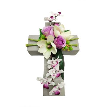 Artificial flower arrangement of magnolia, orchid and rose OVANA, planting cross, white-purple-cream, 11"x7"x4"/28x18x10cm