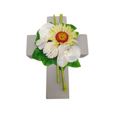 Artificial flower arrangement of gerbera, orchid and allium ANSGAR, planting cross, white-yellow, 8"x6"x3.5"/20x15x9cm