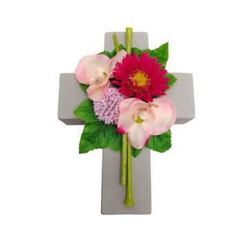 Artificial flower arrangement of gerbera, orchid and allium ANSGAR, planting cross, pink-fuchsia, 8"x6"x3.5"/20x15x9cm