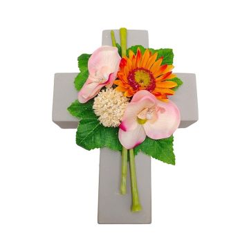 Artificial flower arrangement of gerbera, orchid and allium ANSGAR, planting cross, pink-orange, 8"x6"x3.5"/20x15x9cm