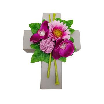 Artificial flower arrangement of gerbera, orchid and allium ANSGAR, planting cross, fuchsia-pink, 8"x6"x3.5"/20x15x9cm