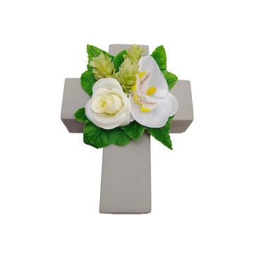 Artificial flower arrangement of rose, orchid and hops ARIADNA, planting cross, white, 8"x6"x3.5"/20x15x9cm