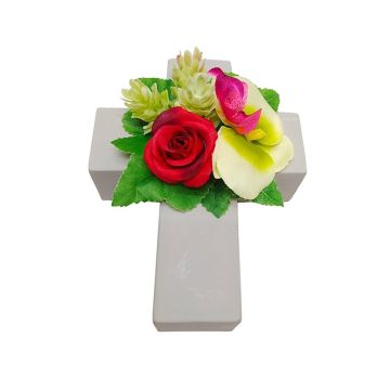 Artificial flower arrangement of rose, orchid and hops ARIADNA, planting cross, red-green-fuchsia, 8"x6"x3.5"/20x15x9cm