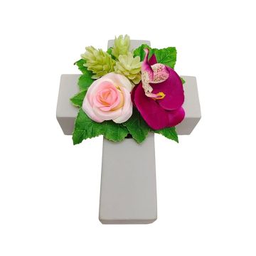 Artificial flower arrangement of rose, orchid and hops ARIADNA, planting cross, pink-fuchsia, 8"x6"x3.5"/20x15x9cm