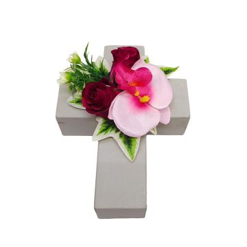 Artificial flower arrangement of Phalaenopsis orchid and rose ARLOMA, planting cross, pink-red, 8"x6"x4.3"/20x15x11cm