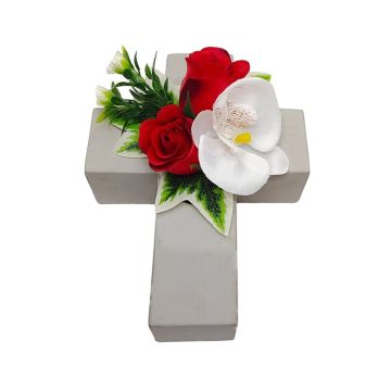 Artificial flower arrangement of Phalaenopsis orchid and rose ARLOMA, planting cross, white-red, 8"x6"x4.3"/20x15x11cm