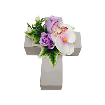 Artificial flower arrangement of Phalaenopsis orchid and rose ARLOMA, planting cross, white-purple, 8"x6"x4.3"/20x15x11cm