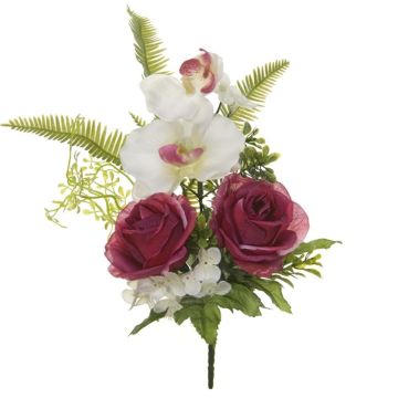 Artificial flower arrangement of Phalaenopsis orchidee and rose HANALE, spike, berry-white, 12"/30cm, Ø 14"/35cm