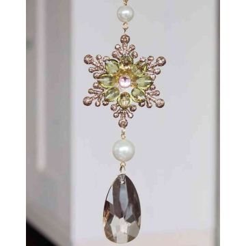 Decorative ice flower for hanging ZERA, acrylic, drops, glitter, green-gold, 6.3"/16cm, Ø2.4"/6cm