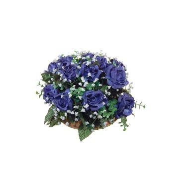 Artificial flower arrangement of rose and baby's breath HERVE on plate, blue-white, 6.7"/17cm, Ø 11"/28cm
