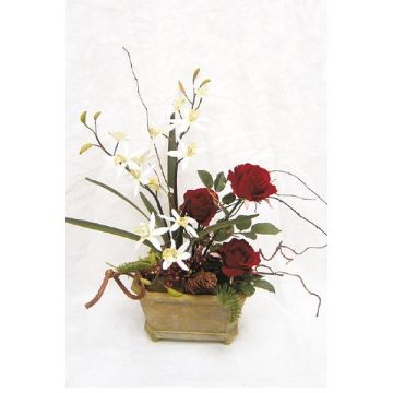 Decorative flower arrangement of Dendrobium orchid and rose TALIMA, decorative pot, red-white, 20"/50cm, Ø 16"/40cm