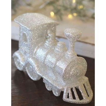 Christmas decoration locomotive ornament for hanging GEREON, acrylic, glitter, white-silver, 4.7"x2.8"/12x7cm