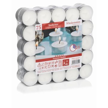 Tea lights KENNY, 75 pieces, white, 0.6"/1,5cm, Ø1.5"/3,7cm, 4h