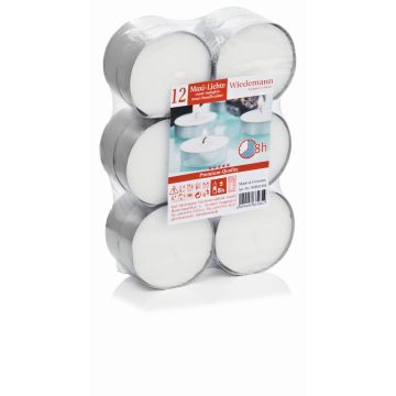 Maxi tea lights, 12 pieces, white, 0.7"/1,9cm, Ø2.2"/5,7cm, 8h