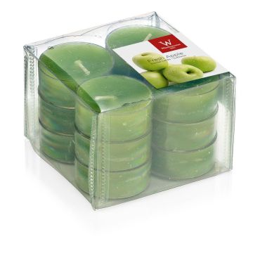 Tea lights ASTRID with fragrance, Fresh Apple, 12 pcs, apple green, 0.6"/1,6cm, Ø1.5"/3,7cm, 4h