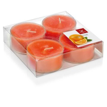 Tea lights ASTRID with fragrance, Juicy Orange, 4 pcs, orange, 0.7"/1,9cm, Ø2.2"/5,7cm, 8h