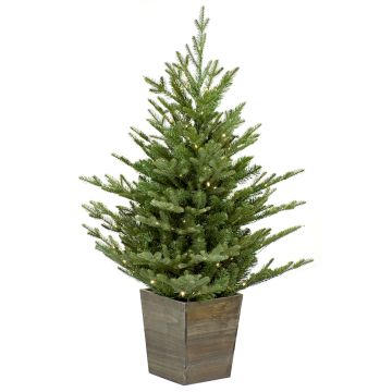 Artificial fir tree CARDIFF, wooden pot, LEDs, 3ft/90cm, Ø30"/75cm