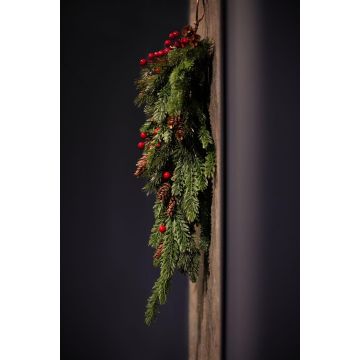Artificial wall decoration fir arrangement GLOMMA with berries, cones, red-green, 26"/65cm