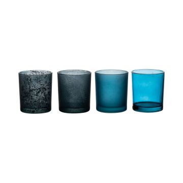 Set of 4 glass tealight holders LYLA, turquoise-blue, 3.5"/9cm, Ø3.1"/8cm