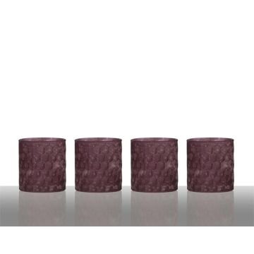 Set of 4 glass tealight holders LYLA, pattern, purple matt, 2.8"/7cm, Ø3"/7,5cm