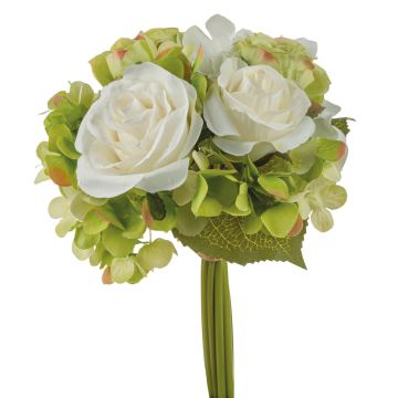 Artificial flower bouquet FOUDILA, roses, hydrangeas, cream-green, 10"/25cm